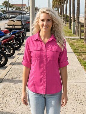 Reel Legends Saltwater UPF Button Down Pink Top